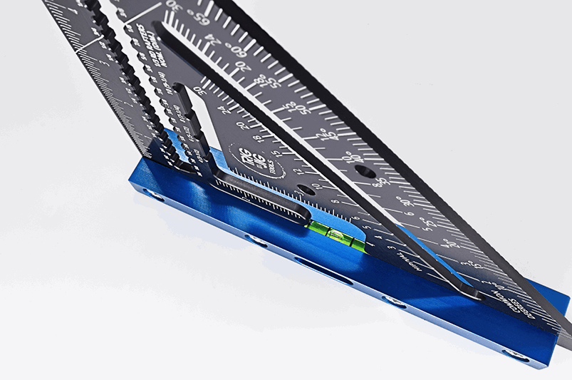 A precision rafter square tool made of aluminum with engraved measurement scales and a blue anodized finish. It features a spirit level and is designed for use in roofing and timber framing.