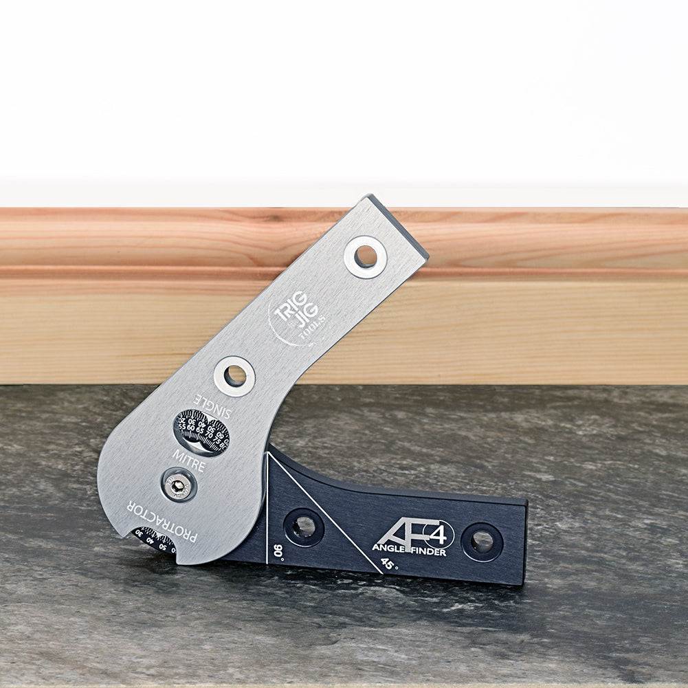 A silver and black AF4 Angle Finder tool with a protractor and mitre scale, designed for measuring angles in woodworking and carpentry.