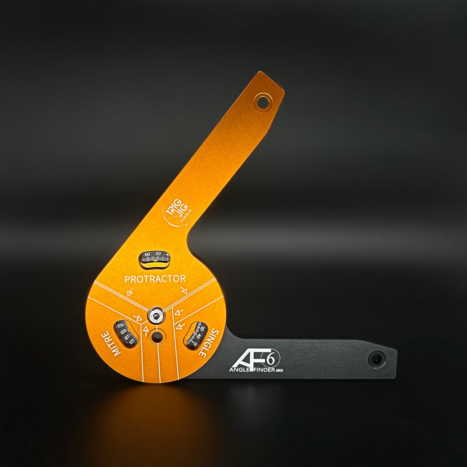 Orange AF6 Precision Angle Finder with black handle on a dark background