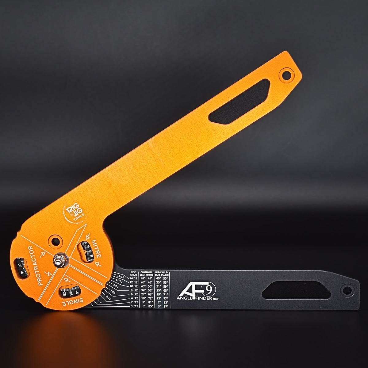 Orange and black tool with 'AF9' branding on a dark background - AF9 Pro Angle Finder