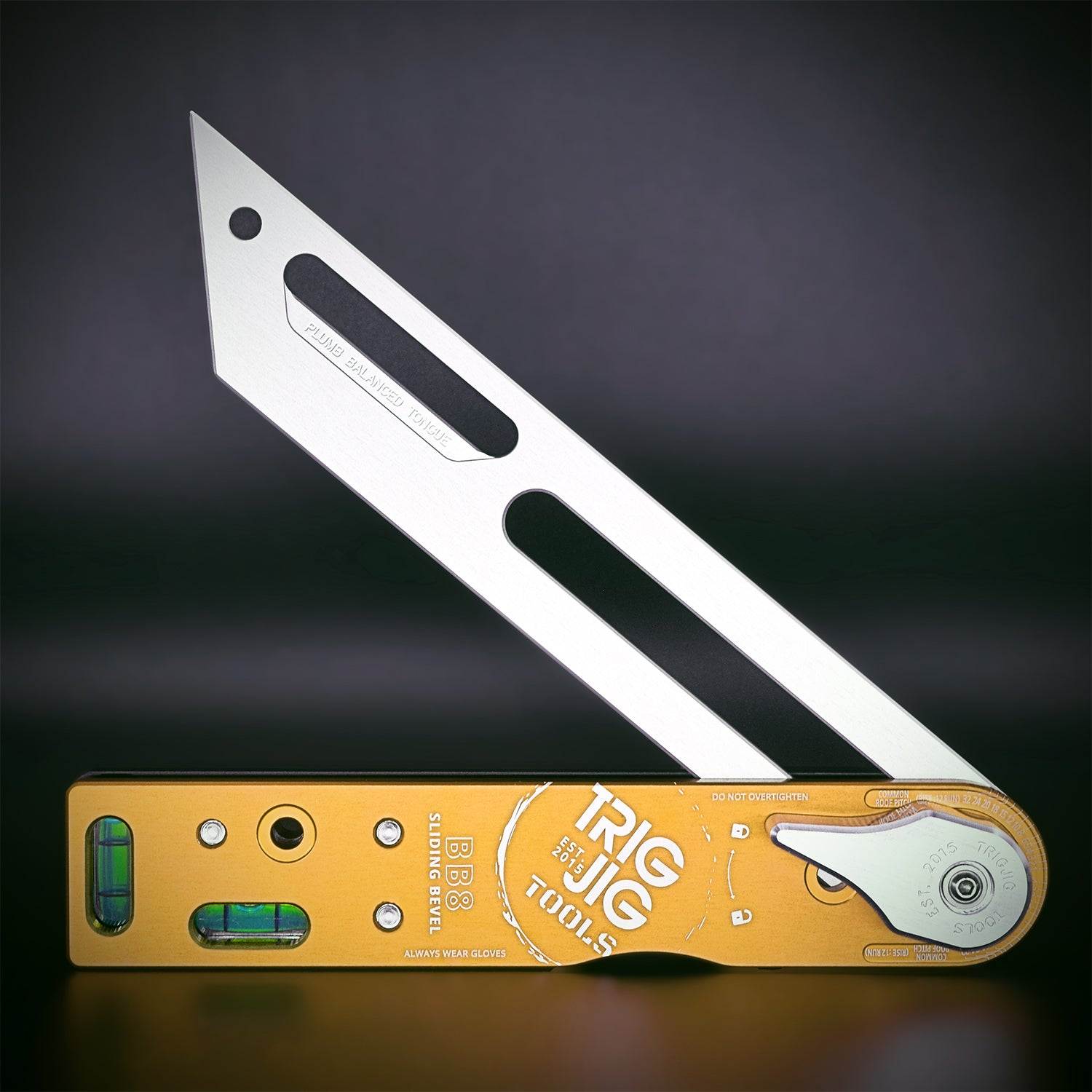 A BB8 sliding bevel tool with a red lower body and a silver aluminum upper part, featuring two bubble level vials on the cheeks and angle measurement scales.