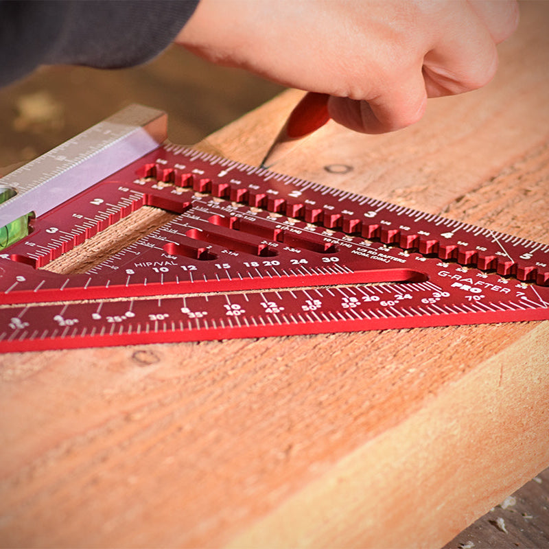 Marking out using the TrigJig G-Rafter 7 Pro square in red and silver