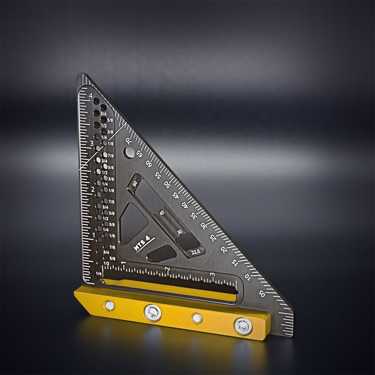 A black and red micro trim square tool with measurement markings and notches, made from aluminum, displayed on a dark background.
