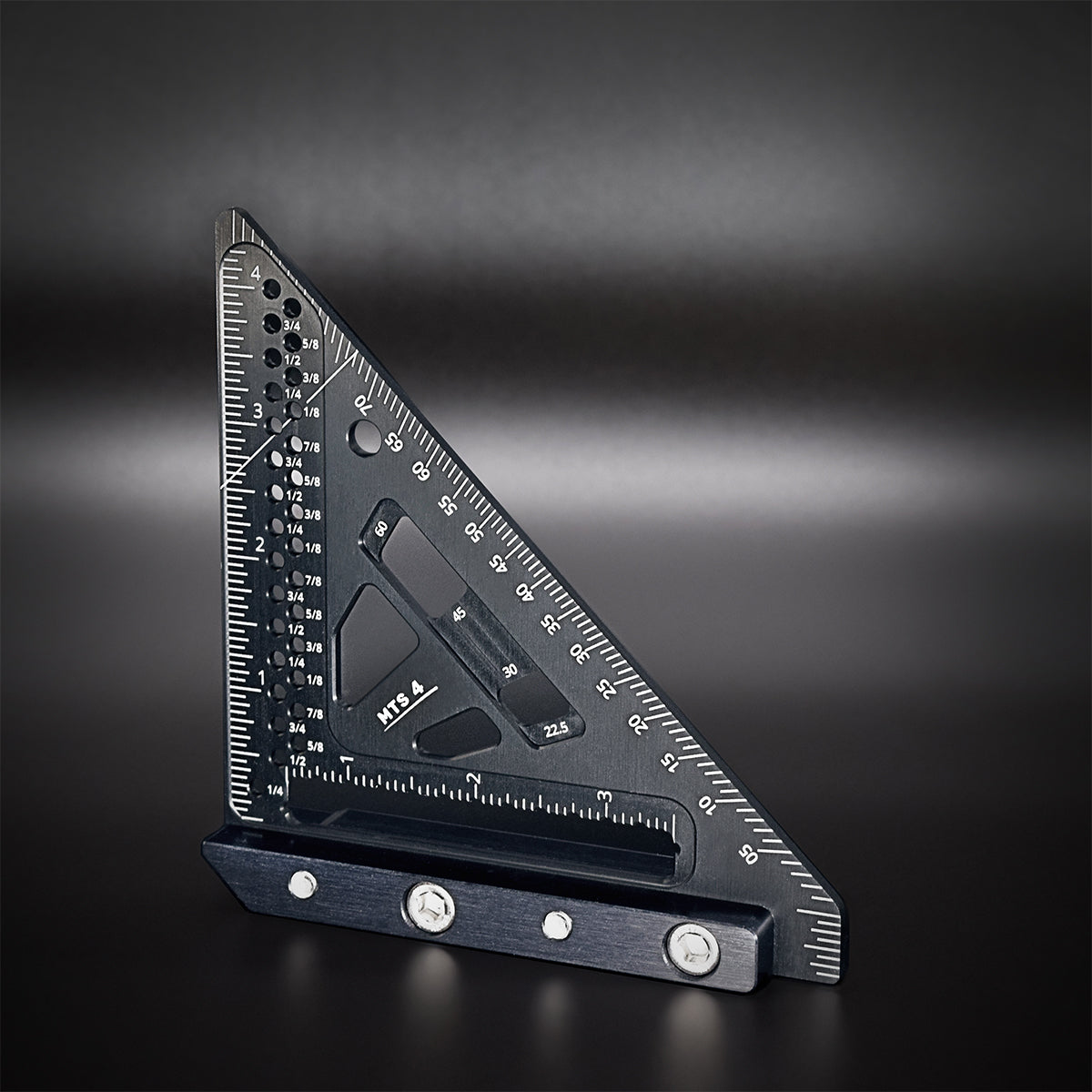 A black and red micro trim square tool with measurement markings and notches, made from aluminum, displayed on a dark background.