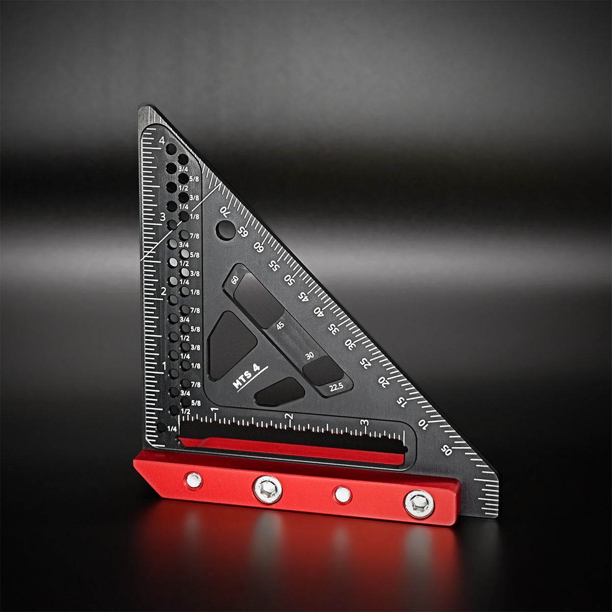 A black and red micro trim square tool with measurement markings and notches, made from aluminum, displayed on a dark background.
