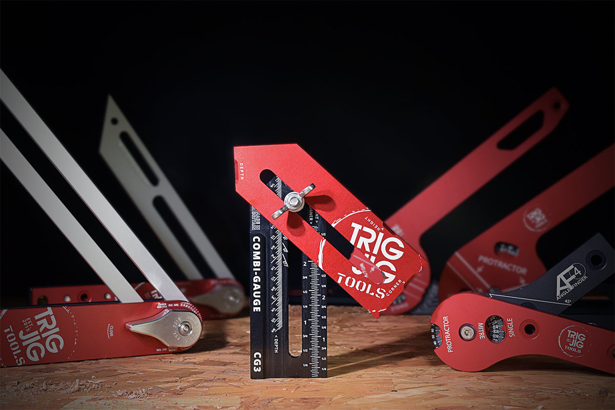 TRIG TOOLS Combi Gauge on a wooden surface with other tools in the background