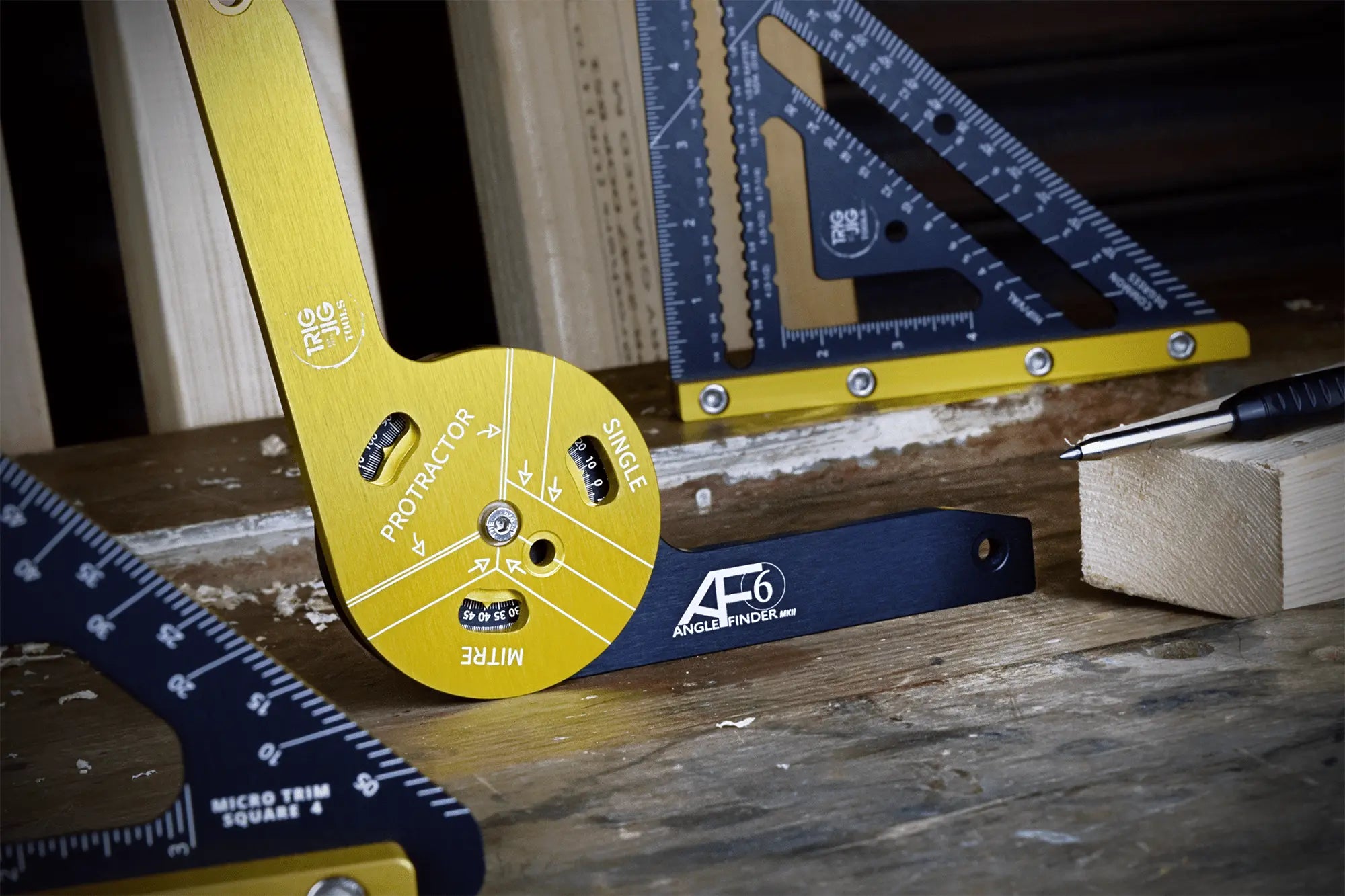 Yellow and blue tool with brand logo on a wooden surface - AF6 MKII Angle Finder