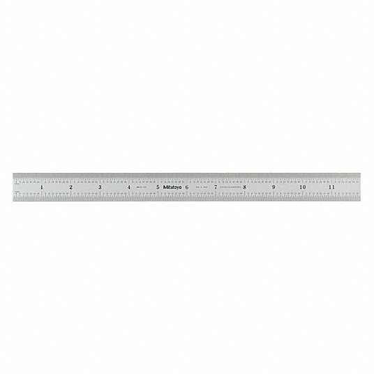 A 12-inch wide rigid steel ruler with clear graduations, made of stainless steel with a satin-chrome finish.