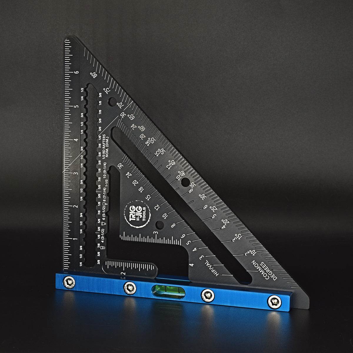 A precision rafter square tool made of aluminum with engraved measurement scales and a blue anodized finish. It features a spirit level and is designed for use in roofing and timber framing.