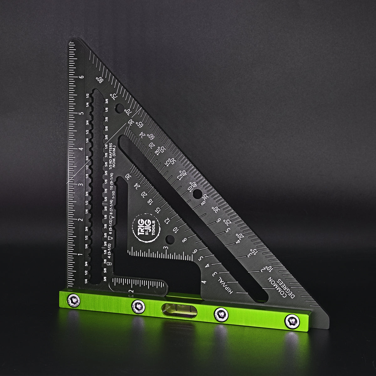 A precision rafter square tool made of aluminum with engraved measurement scales and a blue anodized finish. It features a spirit level and is designed for use in roofing and timber framing.