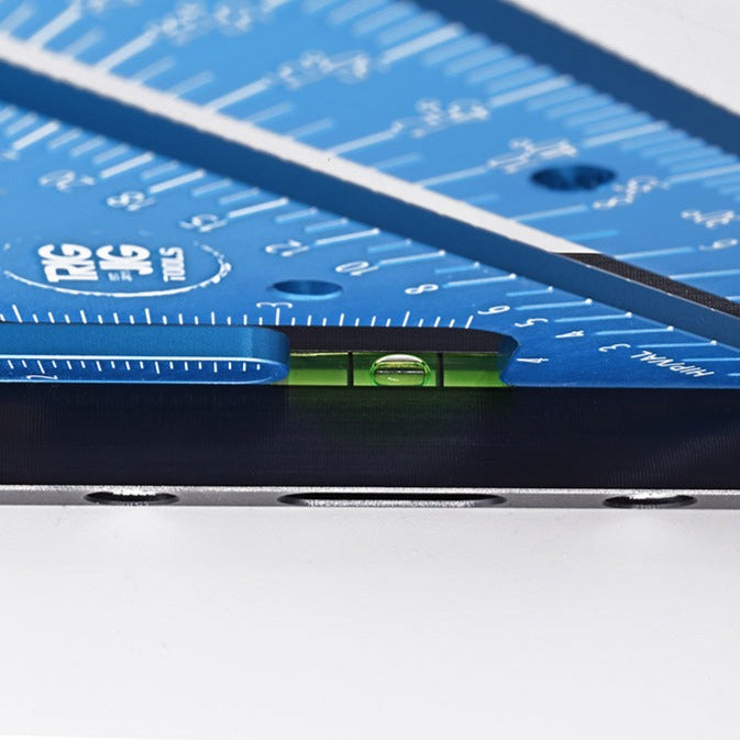 A precision rafter square tool made of aluminum with engraved measurement scales and a blue anodized finish. It features a spirit level and is designed for use in roofing and timber framing.