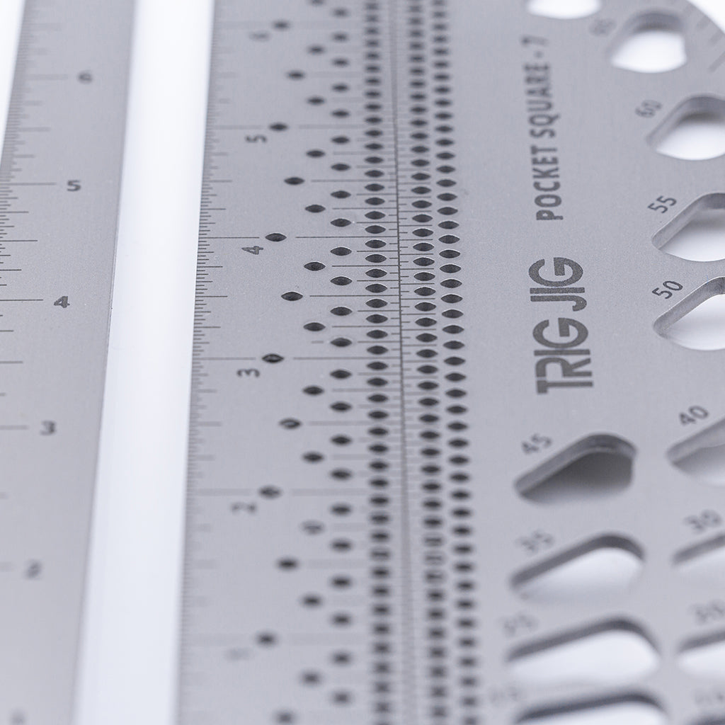 TrigJig PS 7 pocket square close up pencil scribe holes