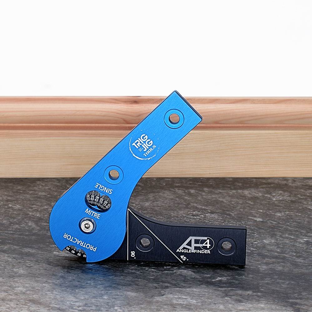 A blue and black AF4 Angle Finder tool with a protractor and mitre scale, designed for measuring angles in woodworking and carpentry.