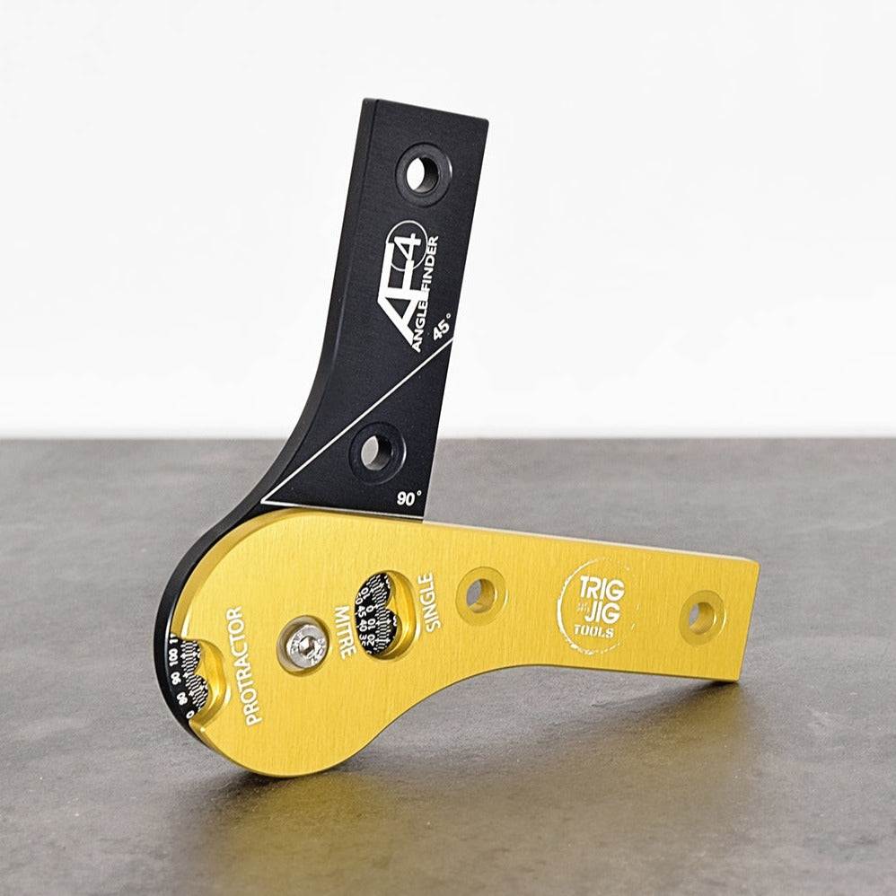A gold and black AF4 Angle Finder tool with a protractor and mitre scale, designed for measuring angles in woodworking and carpentry.