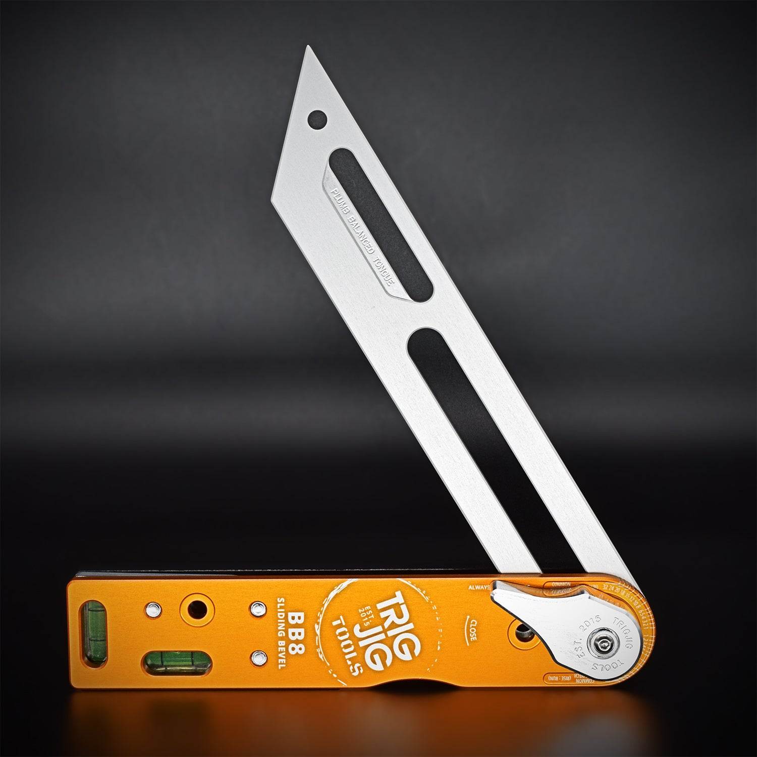Orange and silver BB8 Sliding T Bevel tool on a dark background