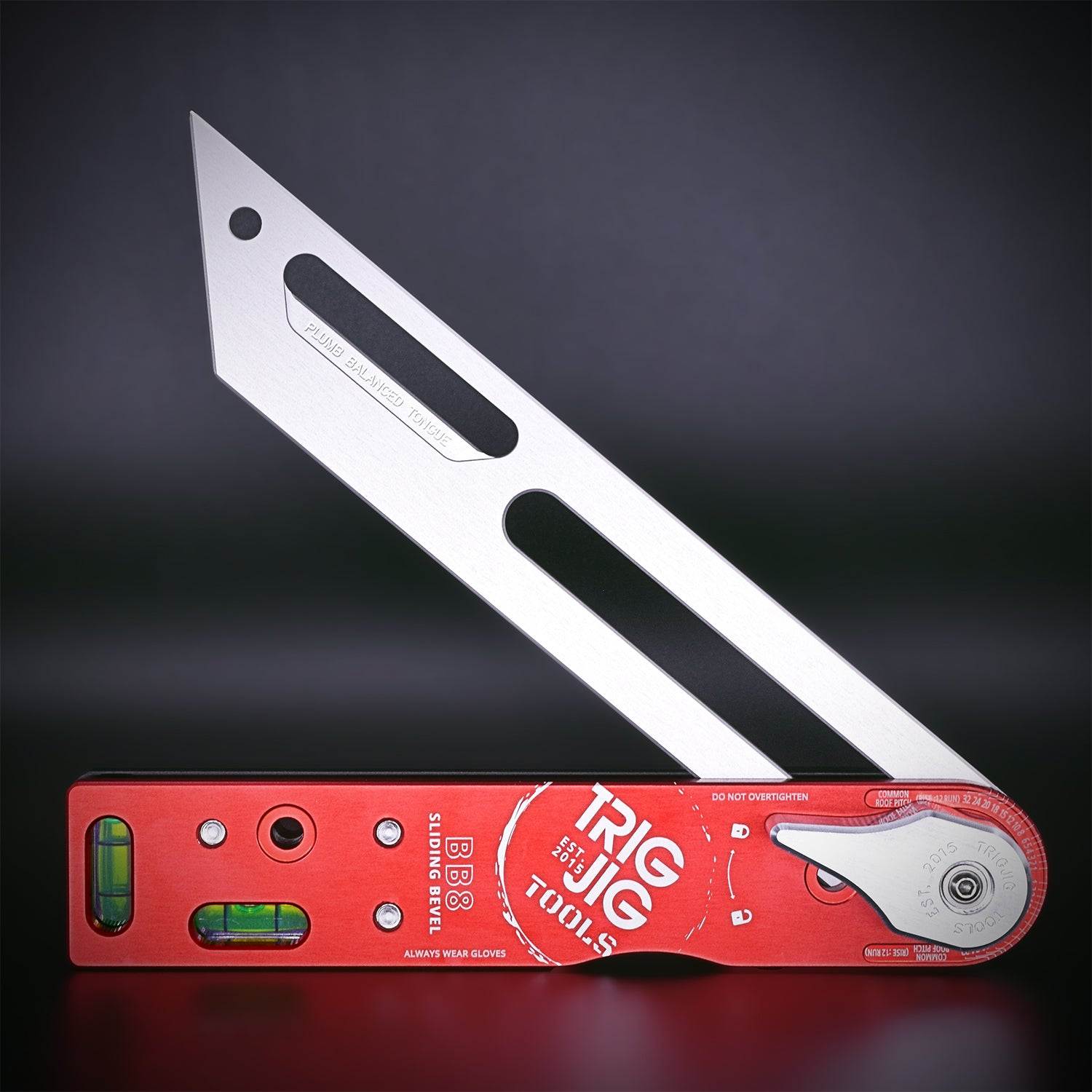 A BB8 sliding bevel tool with a red lower body and a silver aluminum upper part, featuring two bubble level vials on the cheeks and angle measurement scales.
