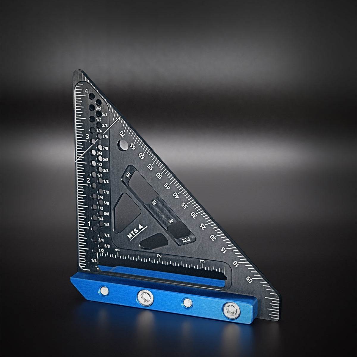 A black and red micro trim square tool with measurement markings and notches, made from aluminum, displayed on a dark background.