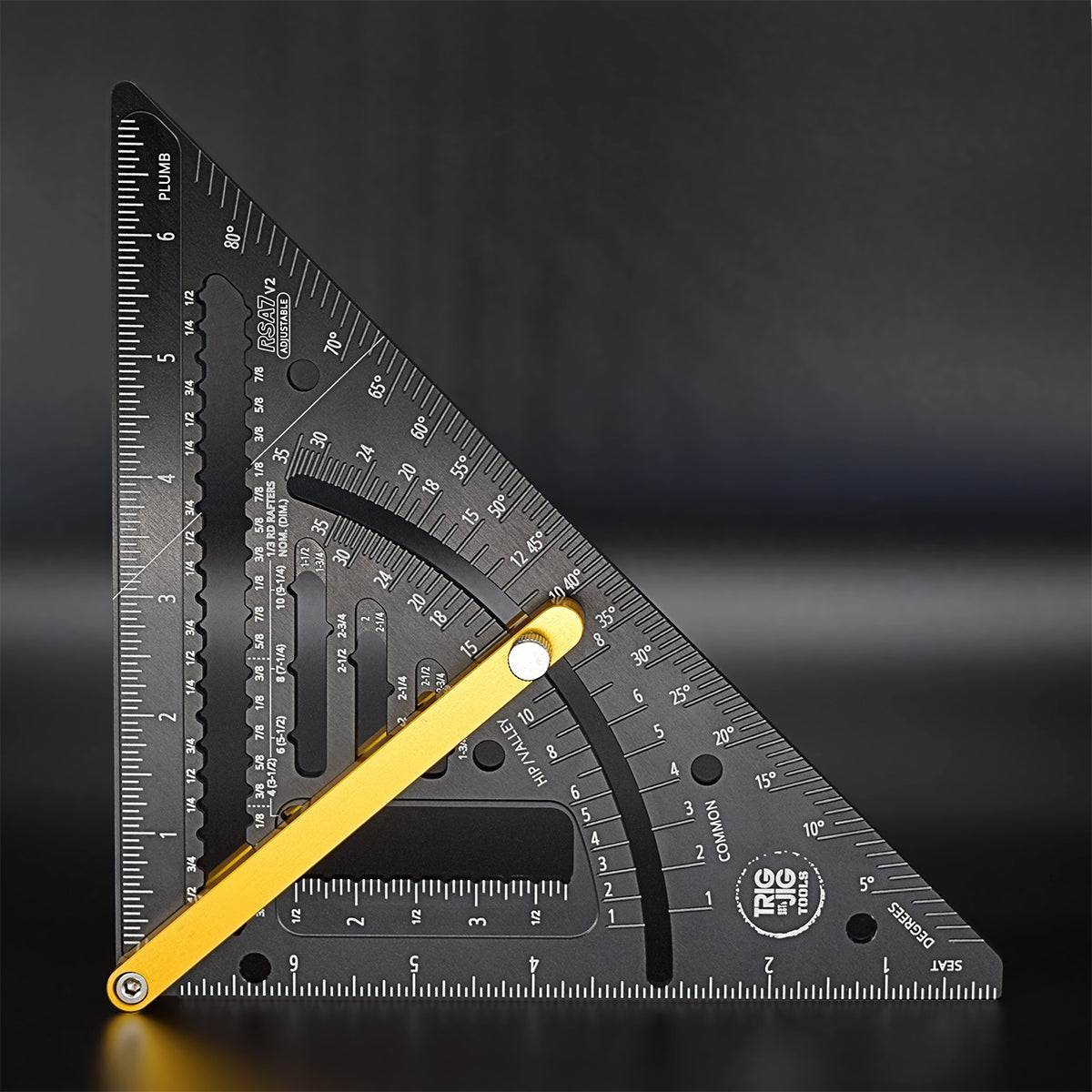A precision roofing square tool with an adjustable fence, featuring laser marked rulers and various notches for making precise angle cuts. The tool appears to be made of durable metal with anodized finish, and has measurement markings in inches and feet.