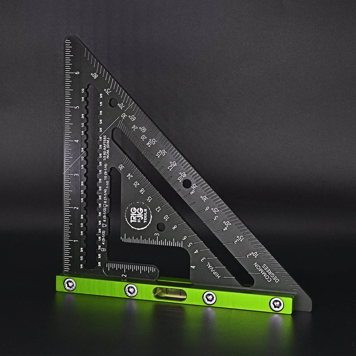 A precision rafter square tool made of aluminum with engraved measurement scales and a blue anodized finish. It features a spirit level and is designed for use in roofing and timber framing.