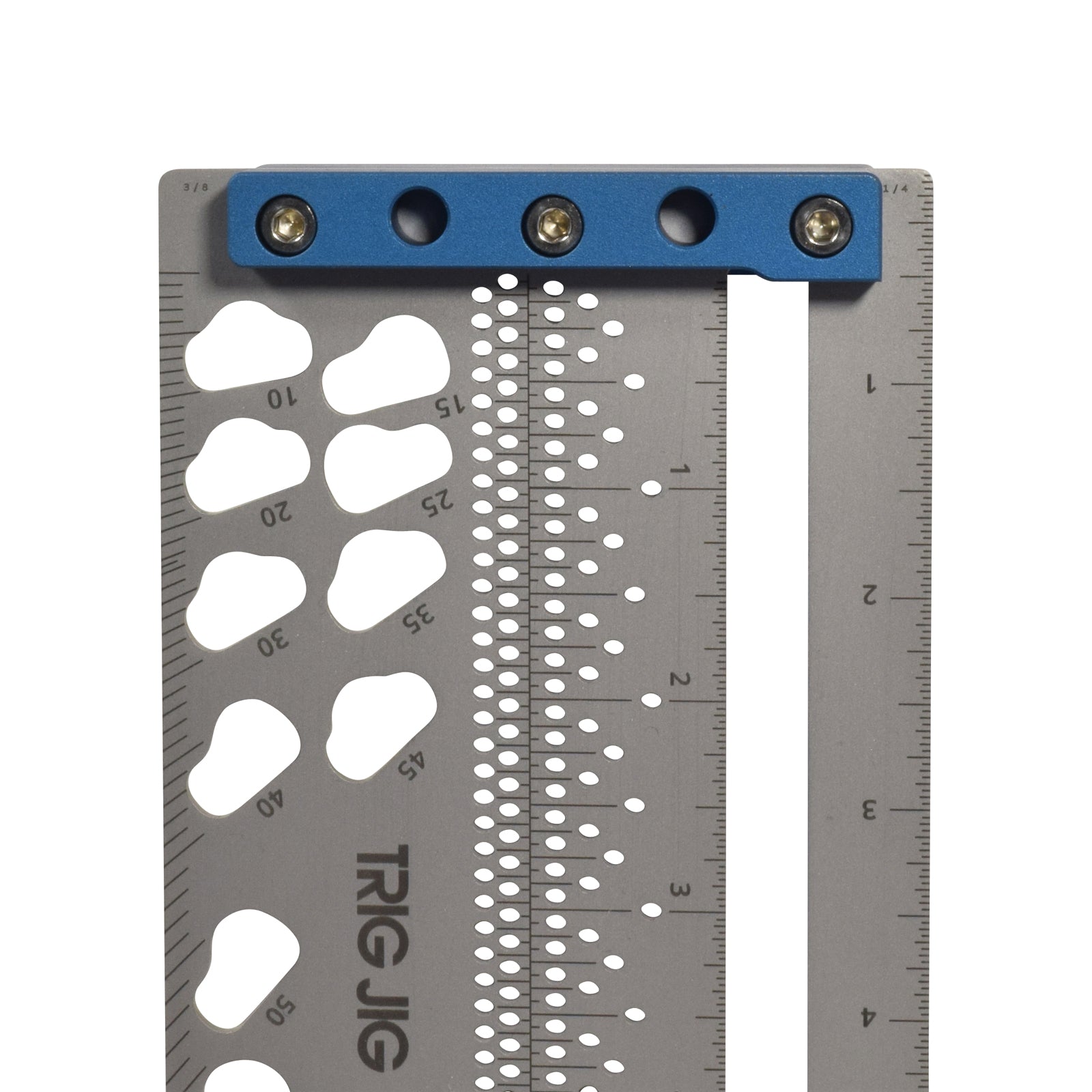 TrigJig pocket square tool set close up of carpenters pencil scribe holes